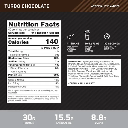Miniatura 3 de Optimum Nutrition Polvo de Proteína Platinum Hydrowhey, 100% Proteína de suero aislado hidrolizada en polvo, sabor: Turbo Chocolate, 40 porciones
