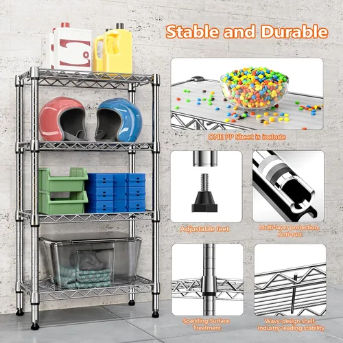 Miniatura 7 de MZG - Estante de 4 niveles de 1000 libras, almacenamiento de metal, organizador con tablero de polipropileno para garaje, cocina, baño, cromado
