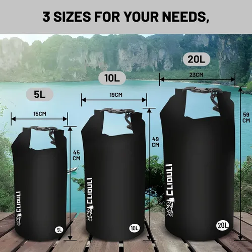 Miniatura 6 de Bolsa seca impermeable, mochila impermeable pequeña negra de 2L/5L/10L/20L/30L/40L, bolsas ligeras flotantes para kayak, canotaje, pesca, natación