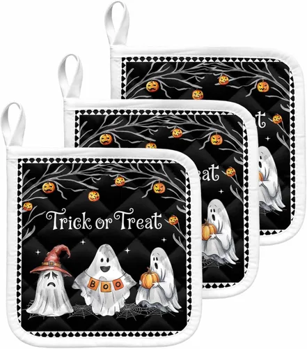Miniatura 19 de Juego de 2 soportes para ollas de Halloween para cocina, platos de sartén para horno, tapete a prueba de calor con lazo para colgar, agarraderas