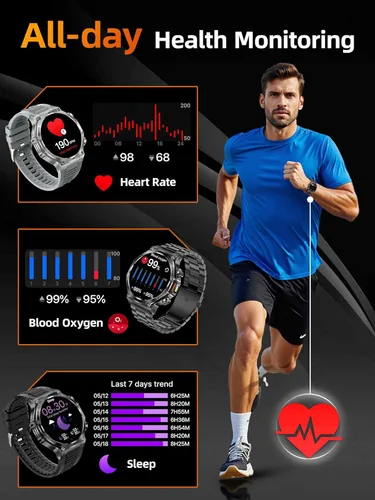 Miniatura 8 de KPEP Military Watches for Men with 2 Straps (Bluetooth Call), 1.75" HD Screen Military Watch with Flashlight, 800mAh Battery, SpO2 Heart Rate Sleep