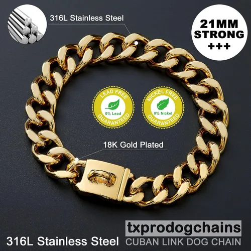 Miniatura 6 de txprodogchains Collar de cadena para perro grande con hebilla, resistente de 0.827 in de grosor, acero inoxidable, oro de 18 quilates, cadena