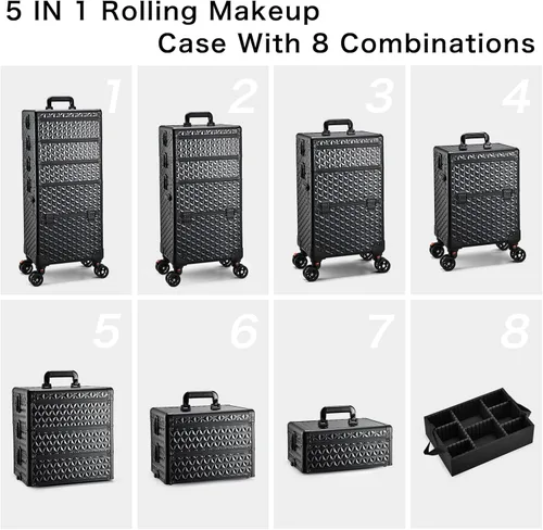 Miniatura 5 de Yueieoun Maletín de Maquillaje Profesional 5 en 1 con Ruedas, Estuche de Cosméticos Extra Grande de Aluminio Rodante Trolley de Maquillaje Negro Air