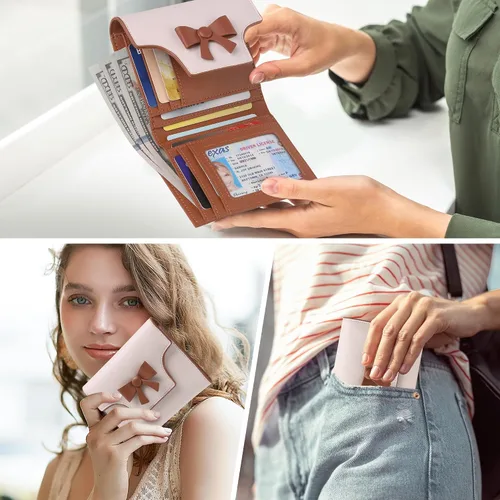 Miniatura 6 de yiijay Cartera pequeña para mujer, lindo lazo con bloqueo RFID, plegable, de cuero, tarjetero, compacto, con bolsillo con cremallera