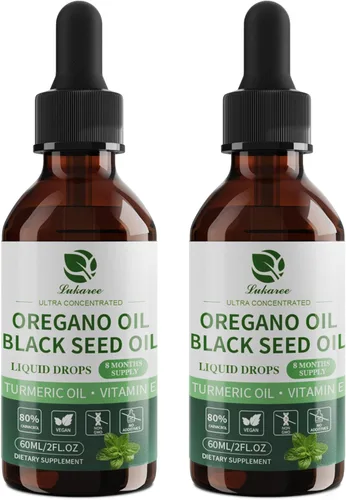 Aceite de orégano con aceite de semilla negra, gotas de aceite de orégano 4 en 1 con aceite de cúrcuma y vitamina E, 80% Carvacrol, inmune,