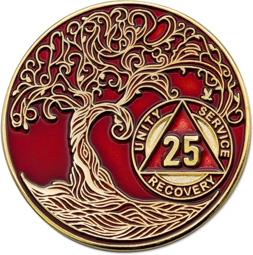 Miniatura 153 de 20 Year Sobriety Mint Twisted Tree of Life - Medallón de recuperación AA chapado en oro, fichas y fichas, color negro
