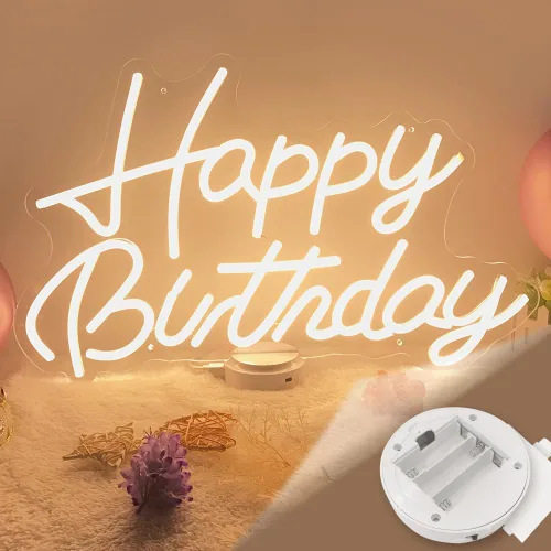 Letrero de neón de feliz cumpleaños a pilas, letrero de feliz cumpleaños de 23 pulgadas con base, letrero con luz USB de feliz cumpleaños, letrero