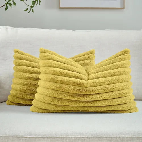 Miniatura 66 de FUTEI - Juego de 2 fundas de almohada decorativas con rayas, cuadradas, para invierno, piel sintética de conejo suave y acogedora y respaldo