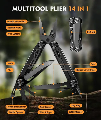 Miniatura 2 de Multiherramienta, multiherramienta plegable de acero inoxidable 14 en 1 con cortador de alambre, cuchillo, sierra, destornilladores
