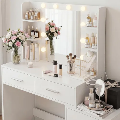 Miniatura 5 de YESHOMY Escritorio de maquillaje con espejo y luces, mesa de tocador con 5 cajones, 6 estantes, estación de carga para dormitorio, vestidor, blanco