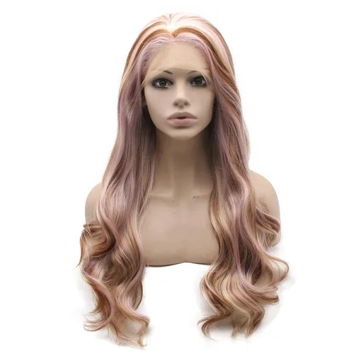 Miniatura 7 de Mxangel - Peluca de cabello sintético largo ondulado azul cielo amarillo colorido encaje frontal fibra resistente al calor Cosplay