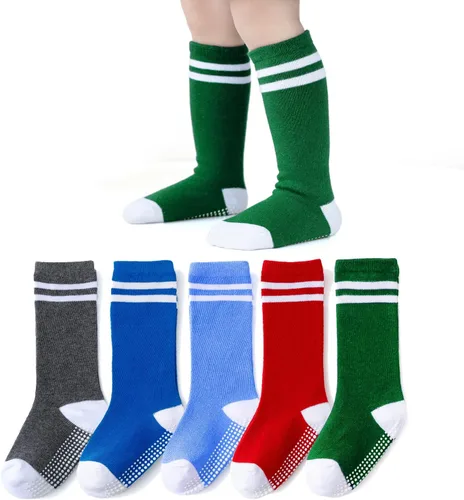 EPEIUS Calcetines altos hasta la rodilla con agarre antideslizante Toddller Athletic Stripe Team Tube Calcetines para niños y niñas, paquete de 5