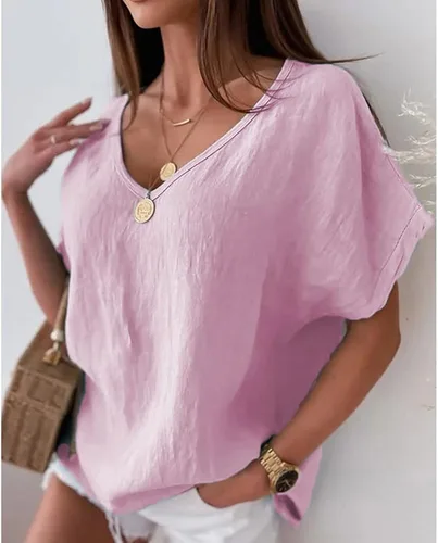 Miniatura 3 de Mayntop Camiseta de manga corta para mujer, de algodón, lino, cuello en V, color sólido, estampado, holgada, para verano