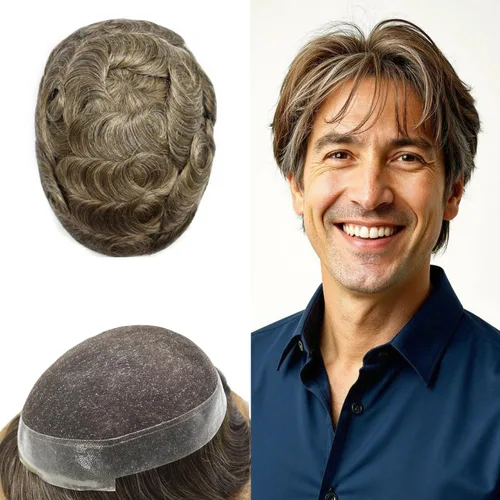 Miniatura 12 de Sistema de reemplazo de cabello de encaje francés para hombre, piezas de cabello de aspecto natural, color negro, marrón, rubio, gris, protesis