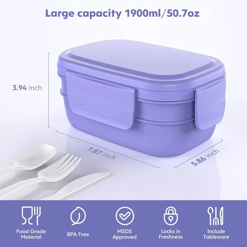 Miniatura 5 de HOMETALL - Lonchera bento apilable para niños y adultos, gran capacidad de 1900ml, contenedores de almuerzo a prueba de fugas con juego de cubiertos