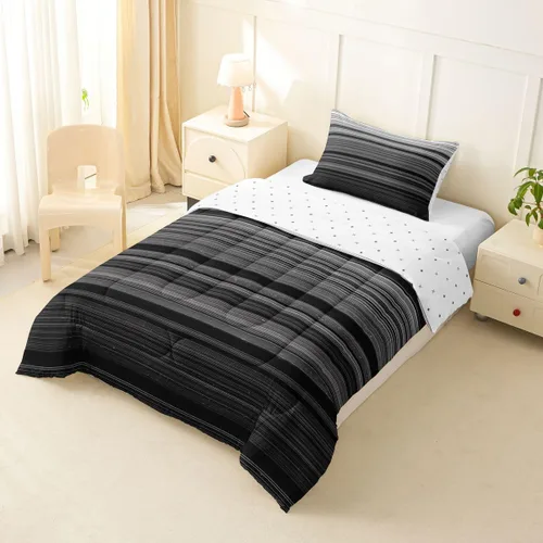 Miniatura 4 de jejeloiu Juego de edredón geométrico para niños, tamaño individual, diseño de rayas de color negro, blanco y gris, juego de ropa de cama decorativo