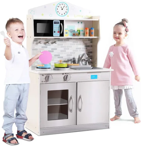 FFlyer Juego de cocina para niños, juego de cocina de madera con utensilios de cocina, fregadero extraíble, microondas, clavijas en la pared,