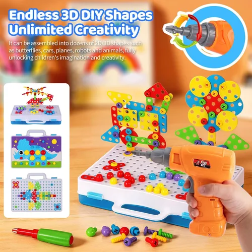 Miniatura 5 de 224 juguetes de construcción STEM para niños de 4 a 8 años, juego creativo de taladro de mosaico con taladro eléctrico y destornillador, kit