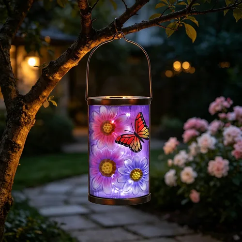 Miniatura 10 de Farol solar para exteriores, impermeable, colgante, luces solares de cristal de pájaro azul, faroles decorativos para exteriores, patio, césped