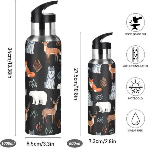 Miniatura 2 de Insulated Stainless Steel Water Bottle with Straw 20 Oz, BPA-Free Sport Water Bottle Insulated for Gym Outdoor Travel School, Cute Animals Fox Wolf