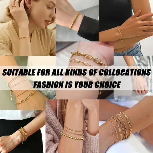 Miniatura 4 de KesaPlan Juego de pulseras de oro para mujer, ajustables, chapadas en oro de 14 quilates, con cuentas delicadas, juego de pulseras de eslabones