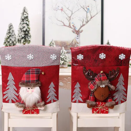 Miniatura 10 de DULRLLY Juego de 4 fundas para sillas de Navidad, diseño de muñeco de nieve, Papá Noel, alce, diseño de dibujos animados, para sillas de cocina, 4