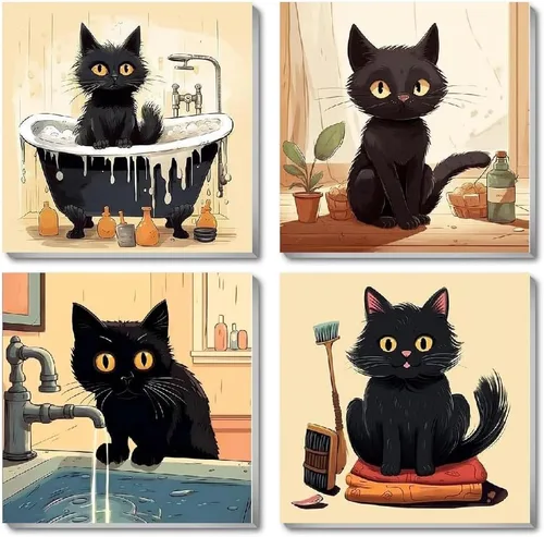 Divertido kit de pintura por números de gato negro para adultos principiantes, paquete de 4 kits de pintura al óleo acrílica de gato negro para