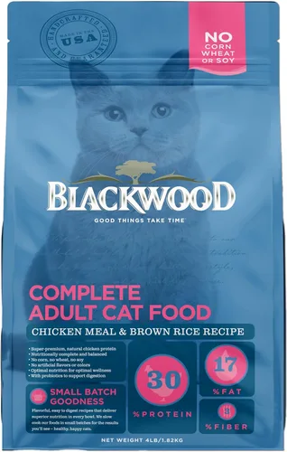 Blackwood Alimento seco para gatos, fórmula para adultos, receta de harina de pollo y arroz integral, bolsa de 4 libras, alta en proteínas, cocción
