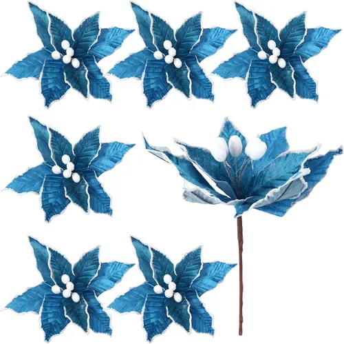 Zeyune 6 Piezas Flores de Pascua Azules de Navidad Artificiales Grandes Espinas de Pascua Falsas Flores de Franela con Borde Helado para Adornos de