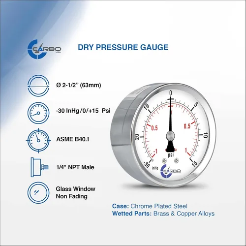 Miniatura 2 de Medidor de presión de 2-1/2 pulgadas, carcasa de acero cromado, seco, vacío compuesto -30 Hg - 0-15 psi montaje trasero 1/4 pulg. NPT