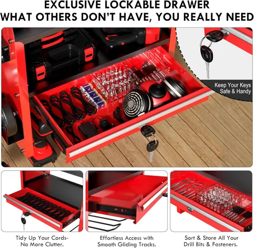 Miniatura 2 de KSVO Organizador de herramientas eléctricas para montaje en pared con estante de taladro y cajones de bloqueo, estante de herramientas de metal Rojo