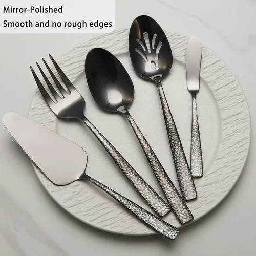 Miniatura 3 de Juego grande de utensilios de servir para anfitriona, cucharas de servir martilladas de acero inoxidable resistentes, cucharas ranuradas, tenedor