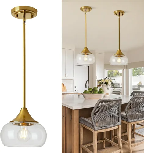 Lámparas colgantes modernas para isla de cocina, lámparas colgantes doradas con pantalla de vidrio transparente de 8.5 pulgadas, lámparas colgantes