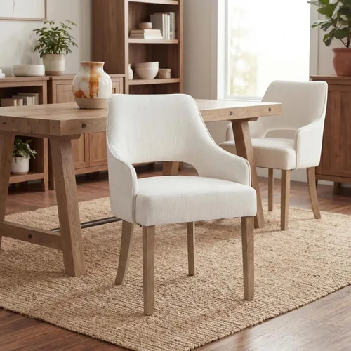 Miniatura 8 de Juego de 2 sillas de comedor estilo granja con fundas de lino para cocina con acento tapizado en los brazos, silla lateral con patas de madera