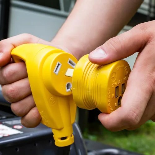Miniatura 2 de Adaptador eléctrico Camco PowerGrip 30AM/15AF para cámper y caravana, cuenta con conexiones macho de 30 amperios y hembra de 15 amperios, diseñado