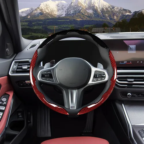 Miniatura 3 de Juego de fundas para volante de automóvil, funda de fibra de carbono brillante, antideslizante, 3 piezas, accesorios para volante de 14.5-15 Negro