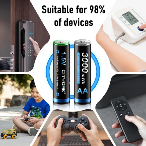 Miniatura 7 de CITYORK Baterías recargables AA de litio de 3000 mWh, paquete de 8, batería doble A recargable USB de 1.5 V