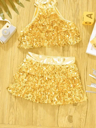 Miniatura 30 de JEATHA Top corto con borlas y lentejuelas brillantes para niñas, con minifalda, jazz latino, salsa, samba, rumba, baile