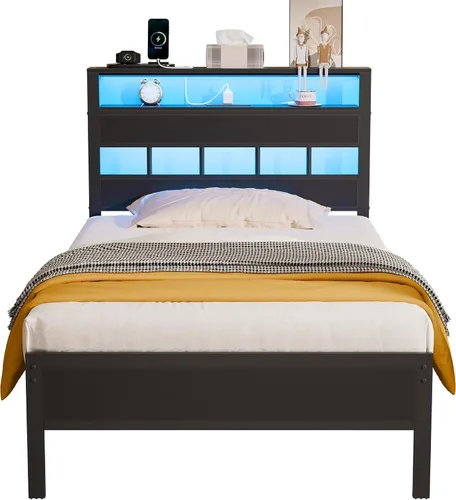 Miniatura 9 de Furnulem Base de cama individual con estación de carga y luces LED, cama de plataforma de tamaño individual con listones de metal, cabecera de Roble