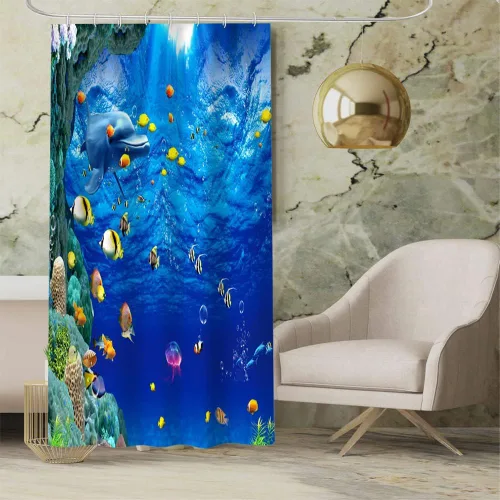 Miniatura 14 de Yeele Cortina de ducha con diseño de delfín, diseño de animales submarinos, tropical, con temática de vida silvestre, océano, azul, para baño