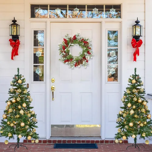 Miniatura 2 de Sggvecsy Corona de Navidad artificial de 19 pulgadas para puerta delantera, corona de orejas de cordero flocado con bayas rojas, agujas de pino