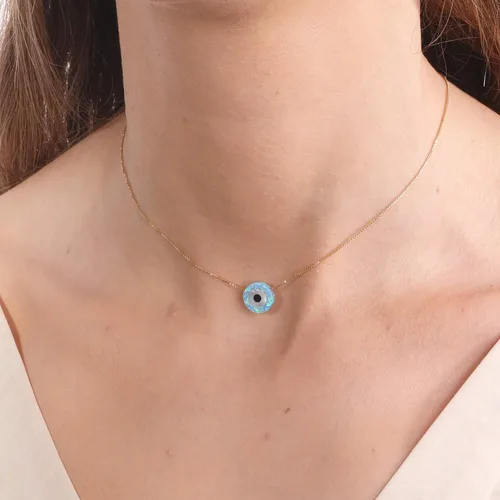 Miniatura 7 de Blue Opal Evil Eye Necklace,10mm created Opal,14k gold filled chain length 16 inch+ extension