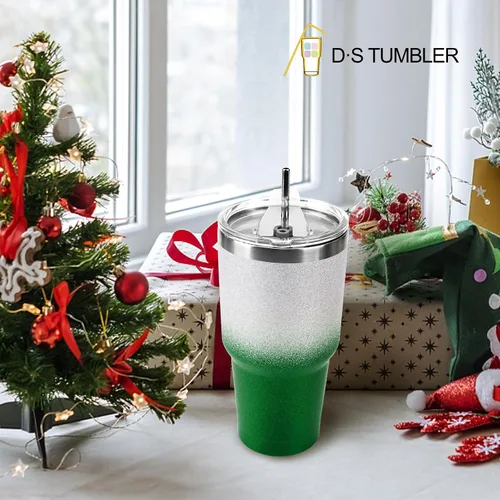 Miniatura 6 de D·S Vaso de 30 onzas con purpurina verde de Navidad con gradiente de acero inoxidable de doble pared aislada al vacío con popote y tapa, cepillo