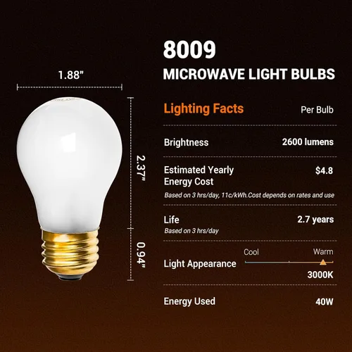 Miniatura 2 de 8009 - Bombillas incandescentes de repuesto para horno refrigerador, bombillas incandescentes de repuesto de 120 V y 40 W, aptas para Whirlpool GE