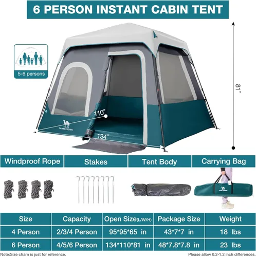 Miniatura 8 de CAMEL CROWN 4/6 Person Instant Cabin Tent, Pop Up Windproof Tents for Camping, 60-Second Setup Family Tent with Carry Bag for Outdoor Hiking Azul
