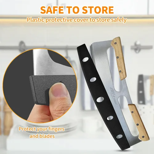 Miniatura 7 de ALLTOP Cortador de Pizza Basculante, Cuchillo de Hoja de Acero Inoxidable con Doble Mango de Madera y Cubierta de Plástico, Rebanadora/Picadora