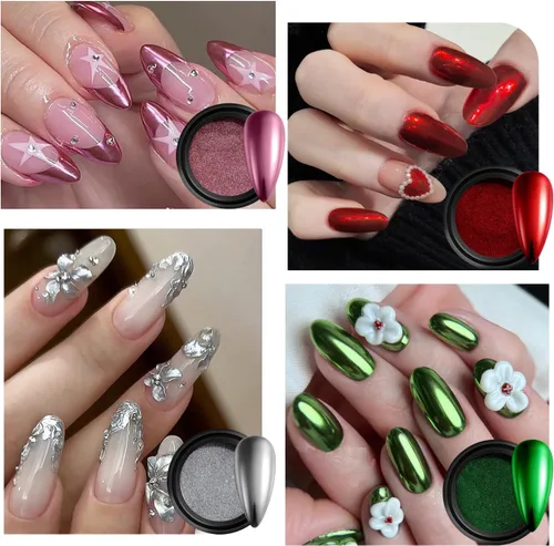Miniatura 6 de Kit de polvo de uñas cromado, 10 colores dorado, plateado, bronce, efecto espejo metálico, polvo cromado con gel de escultura 3D de 0.35 oz (10 g)