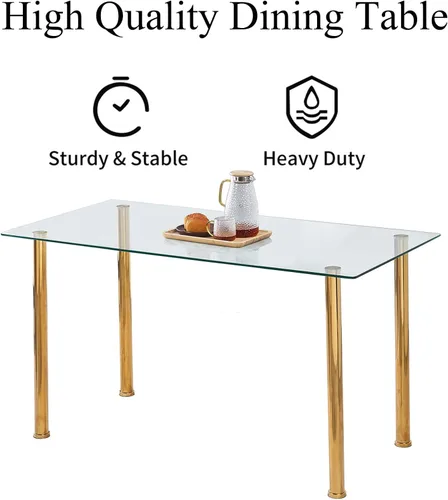 Miniatura 4 de Juego de comedor de cristal de 5 piezas dorado para 4, mesa de cocina rectangular con 4 sillas de piel sintética, juego de mesa de comedor compacto
