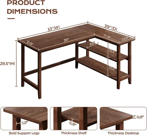 Miniatura 2 de IOTXY Reversible L-Shaped Office Desk - 53" Modern Corner Computer Table with Storage Shelves, Solid Wood Legs, Home Writing & Study Workstation