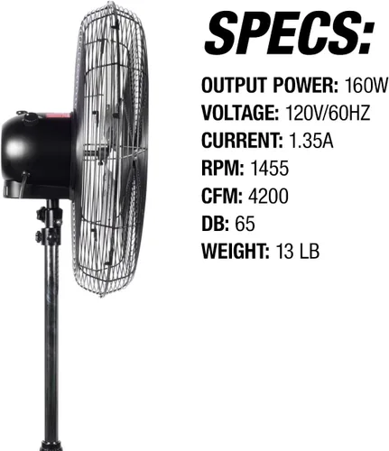 Miniatura 10 de OEMTOOLS OEM24871 - Ventilador de pedestal oscilante de 20 pulgadas, altura ajustable para garaje, tienda, gimnasio, almacén de flujo de aire